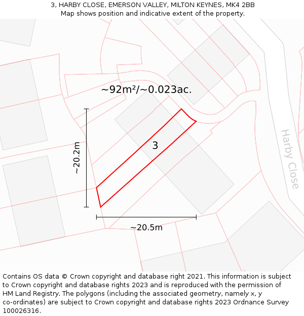 3, HARBY CLOSE, EMERSON VALLEY, MILTON KEYNES, MK4 2BB: Plot and title map