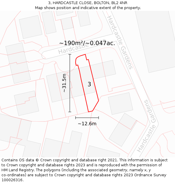 3, HARDCASTLE CLOSE, BOLTON, BL2 4NR: Plot and title map