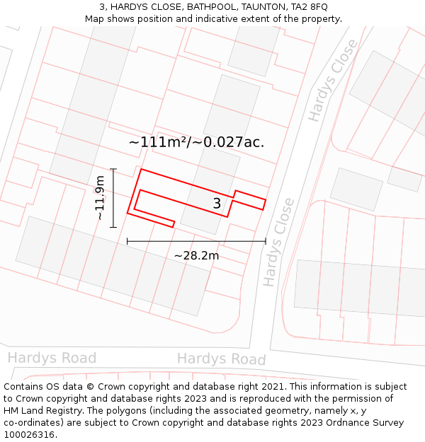 3, HARDYS CLOSE, BATHPOOL, TAUNTON, TA2 8FQ: Plot and title map