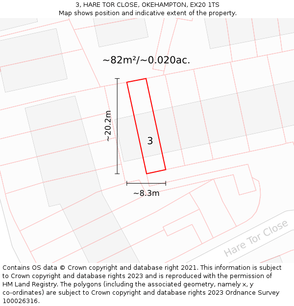 3, HARE TOR CLOSE, OKEHAMPTON, EX20 1TS: Plot and title map