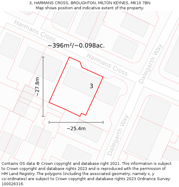 3, HARMANS CROSS, BROUGHTON, MILTON KEYNES, MK10 7BN: Plot and title map
