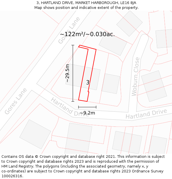 3, HARTLAND DRIVE, MARKET HARBOROUGH, LE16 8JA: Plot and title map