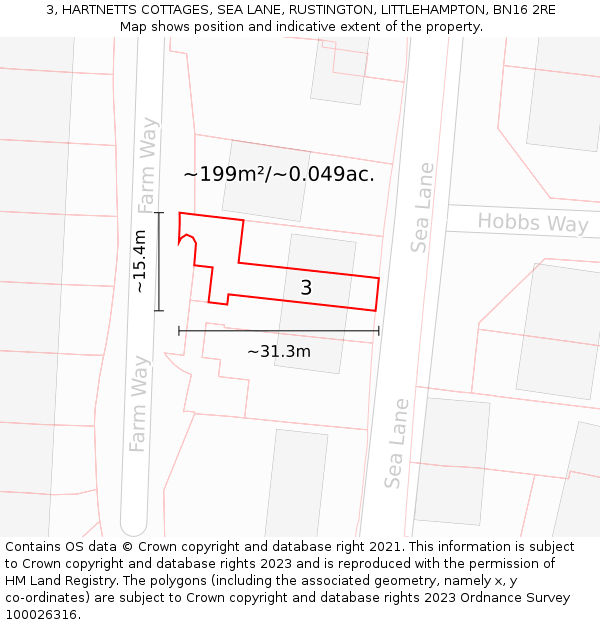 3, HARTNETTS COTTAGES, SEA LANE, RUSTINGTON, LITTLEHAMPTON, BN16 2RE: Plot and title map