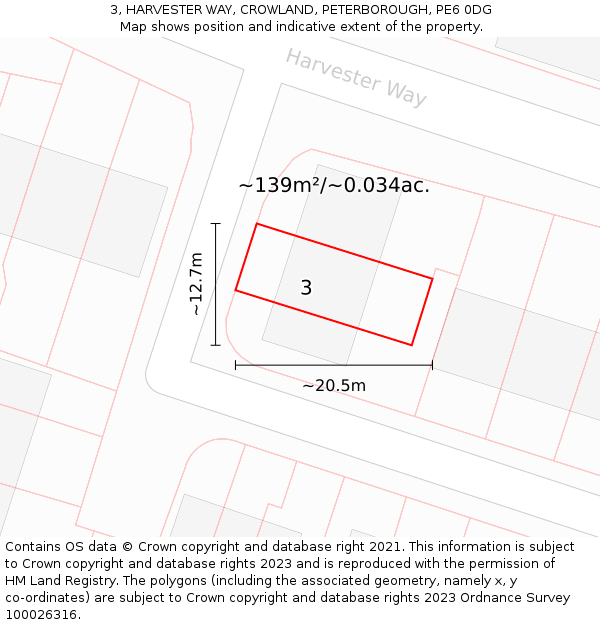 3, HARVESTER WAY, CROWLAND, PETERBOROUGH, PE6 0DG: Plot and title map