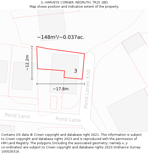 3, HARVEYS CORNER, REDRUTH, TR15 1BD: Plot and title map