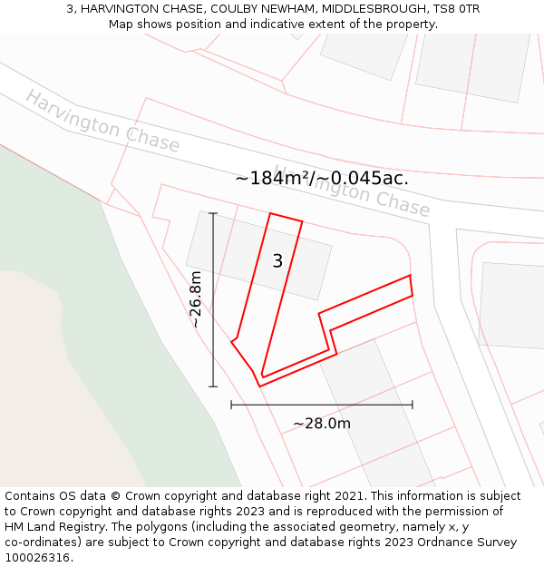 3, HARVINGTON CHASE, COULBY NEWHAM, MIDDLESBROUGH, TS8 0TR: Plot and title map