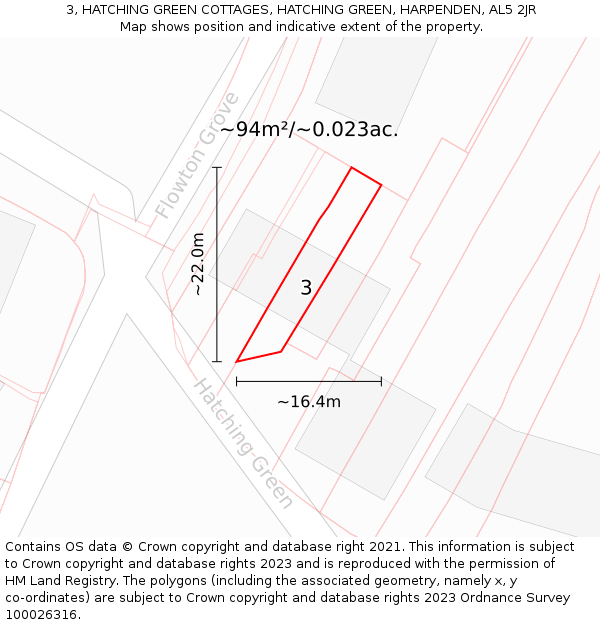 3, HATCHING GREEN COTTAGES, HATCHING GREEN, HARPENDEN, AL5 2JR: Plot and title map