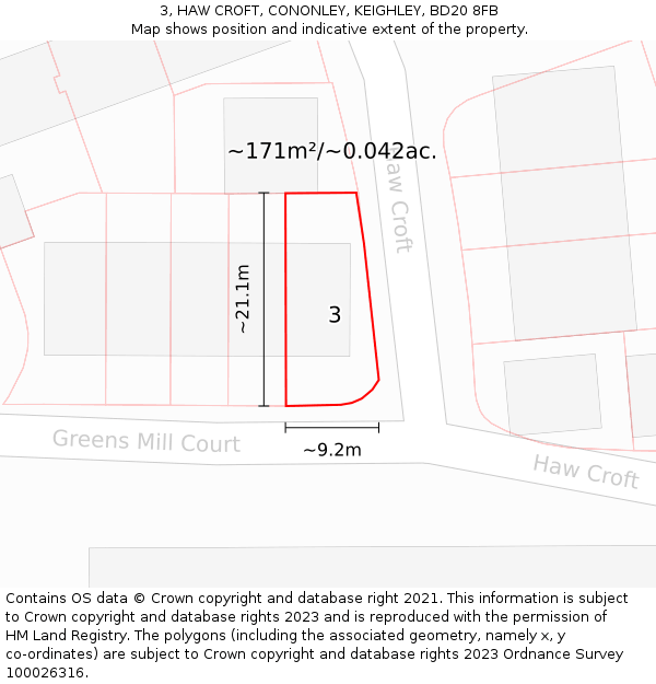 3, HAW CROFT, CONONLEY, KEIGHLEY, BD20 8FB: Plot and title map