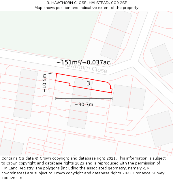 3, HAWTHORN CLOSE, HALSTEAD, CO9 2SF: Plot and title map