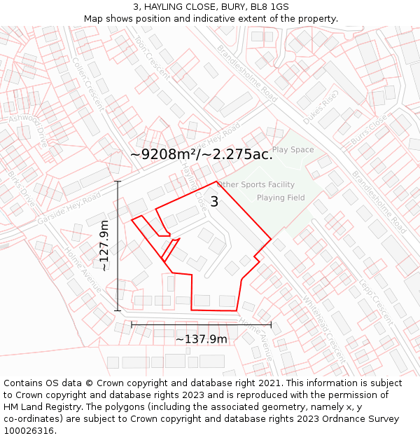 3, HAYLING CLOSE, BURY, BL8 1GS: Plot and title map