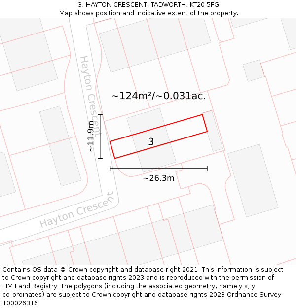 3, HAYTON CRESCENT, TADWORTH, KT20 5FG: Plot and title map