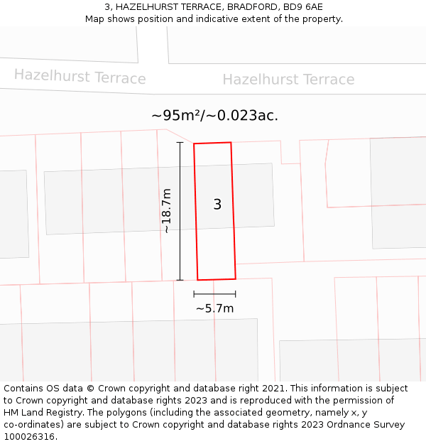 3, HAZELHURST TERRACE, BRADFORD, BD9 6AE: Plot and title map