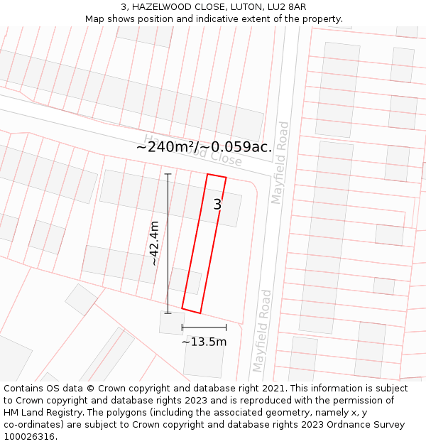 3, HAZELWOOD CLOSE, LUTON, LU2 8AR: Plot and title map