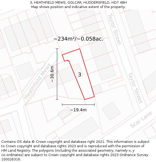 3, HEATHFIELD MEWS, GOLCAR, HUDDERSFIELD, HD7 4BH: Plot and title map