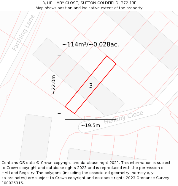 3, HELLABY CLOSE, SUTTON COLDFIELD, B72 1RF: Plot and title map