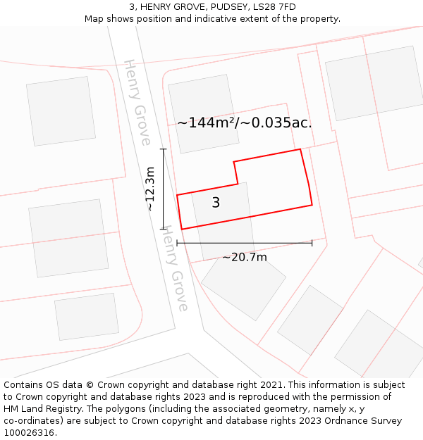 3, HENRY GROVE, PUDSEY, LS28 7FD: Plot and title map