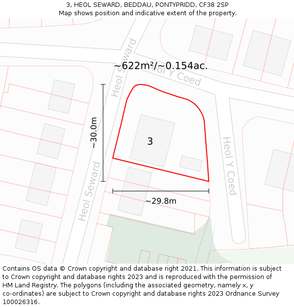 3, HEOL SEWARD, BEDDAU, PONTYPRIDD, CF38 2SP: Plot and title map