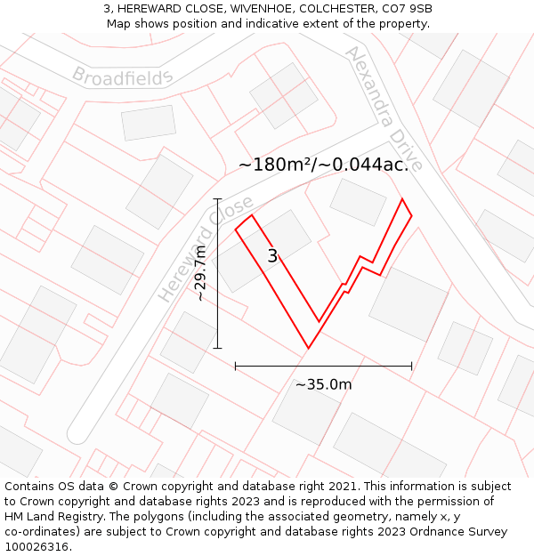3, HEREWARD CLOSE, WIVENHOE, COLCHESTER, CO7 9SB: Plot and title map