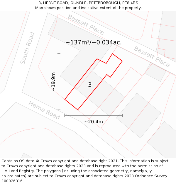 3, HERNE ROAD, OUNDLE, PETERBOROUGH, PE8 4BS: Plot and title map