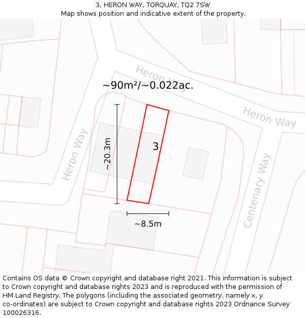 3, HERON WAY, TORQUAY, TQ2 7SW: Plot and title map