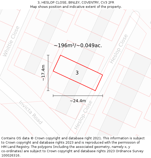 3, HESLOP CLOSE, BINLEY, COVENTRY, CV3 2FR: Plot and title map