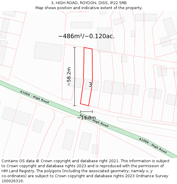 3, HIGH ROAD, ROYDON, DISS, IP22 5RB: Plot and title map