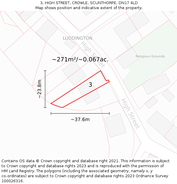 3, HIGH STREET, CROWLE, SCUNTHORPE, DN17 4LD: Plot and title map