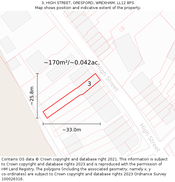 3, HIGH STREET, GRESFORD, WREXHAM, LL12 8PS: Plot and title map