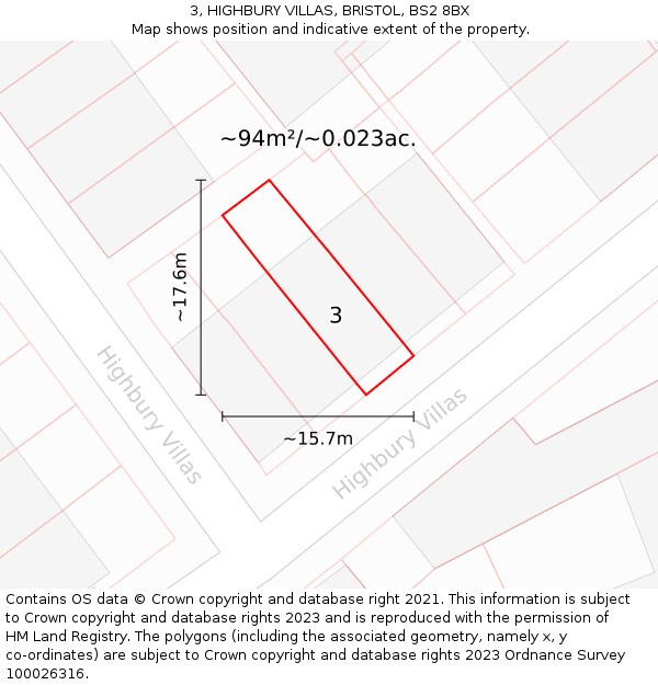 3, HIGHBURY VILLAS, BRISTOL, BS2 8BX: Plot and title map