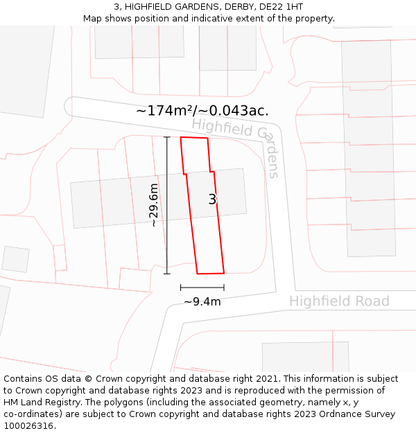 3, HIGHFIELD GARDENS, DERBY, DE22 1HT: Plot and title map