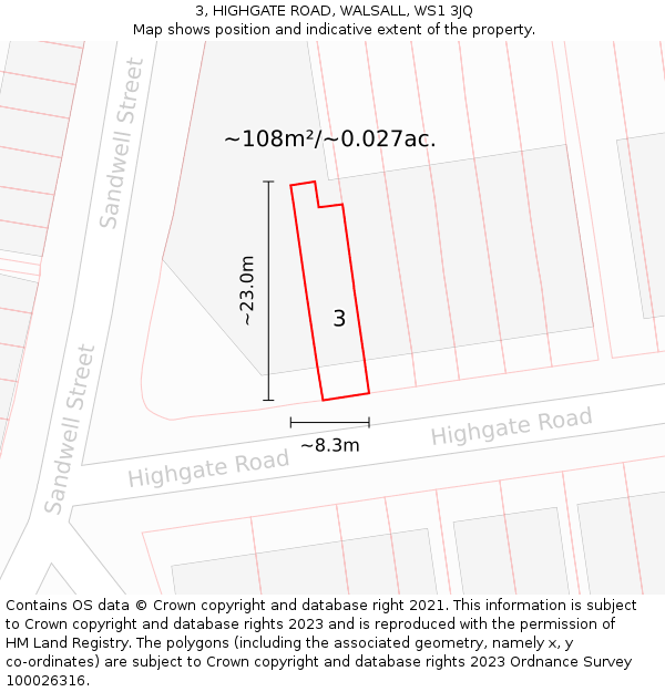 3, HIGHGATE ROAD, WALSALL, WS1 3JQ: Plot and title map