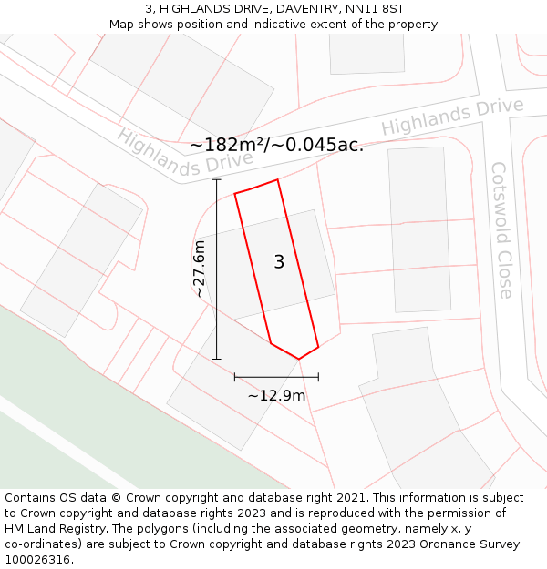 3, HIGHLANDS DRIVE, DAVENTRY, NN11 8ST: Plot and title map