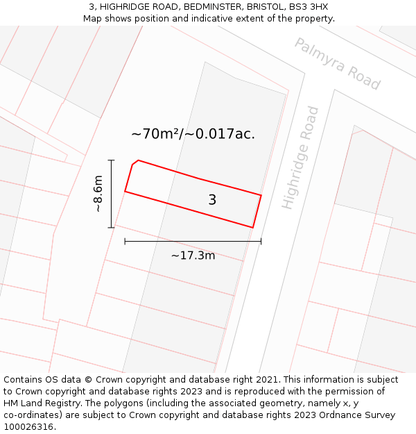 3, HIGHRIDGE ROAD, BEDMINSTER, BRISTOL, BS3 3HX: Plot and title map