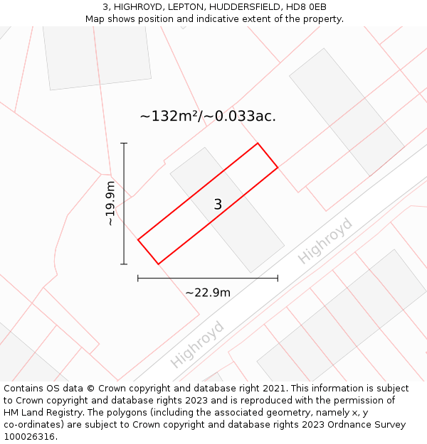 3, HIGHROYD, LEPTON, HUDDERSFIELD, HD8 0EB: Plot and title map