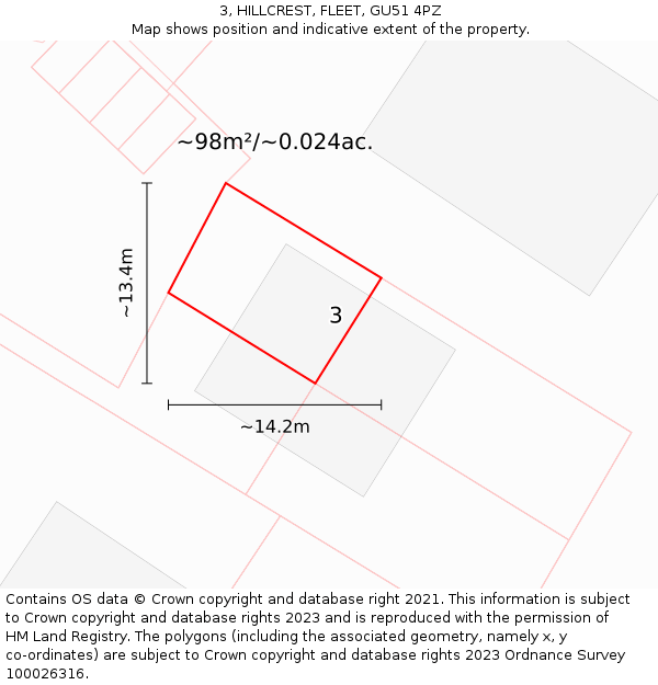 3, HILLCREST, FLEET, GU51 4PZ: Plot and title map