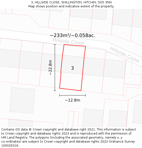 3, HILLSIDE CLOSE, SHILLINGTON, HITCHIN, SG5 3NN: Plot and title map