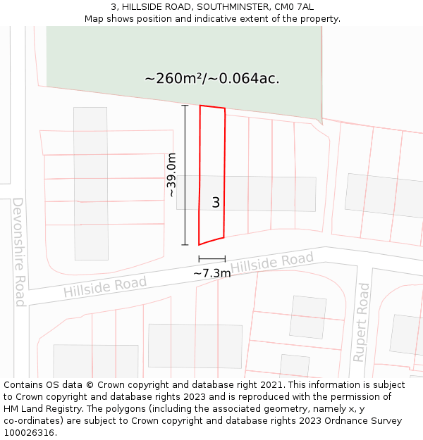 3, HILLSIDE ROAD, SOUTHMINSTER, CM0 7AL: Plot and title map