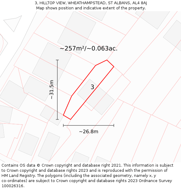 3, HILLTOP VIEW, WHEATHAMPSTEAD, ST ALBANS, AL4 8AJ: Plot and title map