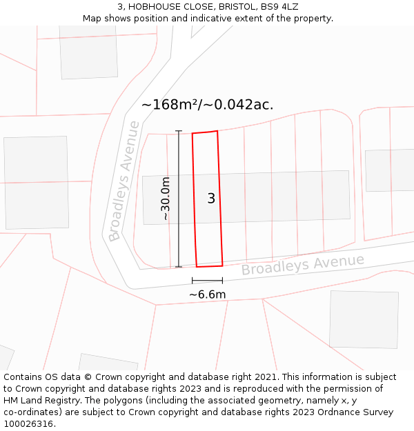 3, HOBHOUSE CLOSE, BRISTOL, BS9 4LZ: Plot and title map
