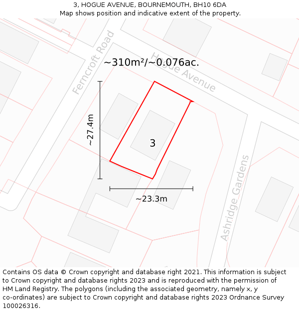 3, HOGUE AVENUE, BOURNEMOUTH, BH10 6DA: Plot and title map