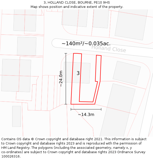 3, HOLLAND CLOSE, BOURNE, PE10 9HS: Plot and title map