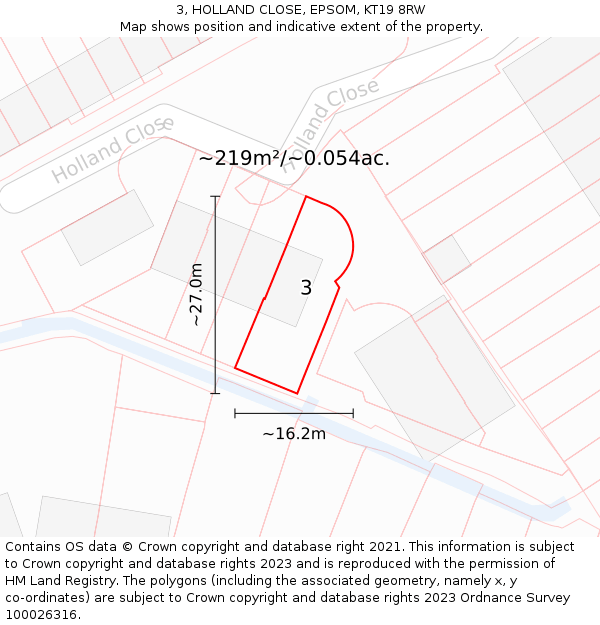 3, HOLLAND CLOSE, EPSOM, KT19 8RW: Plot and title map