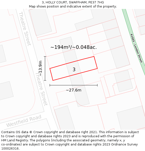 3, HOLLY COURT, SWAFFHAM, PE37 7HG: Plot and title map