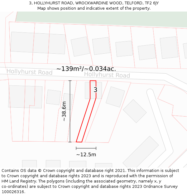 3, HOLLYHURST ROAD, WROCKWARDINE WOOD, TELFORD, TF2 6JY: Plot and title map
