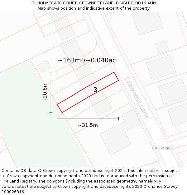 3, HOLMECARR COURT, CROWNEST LANE, BINGLEY, BD16 4HN: Plot and title map