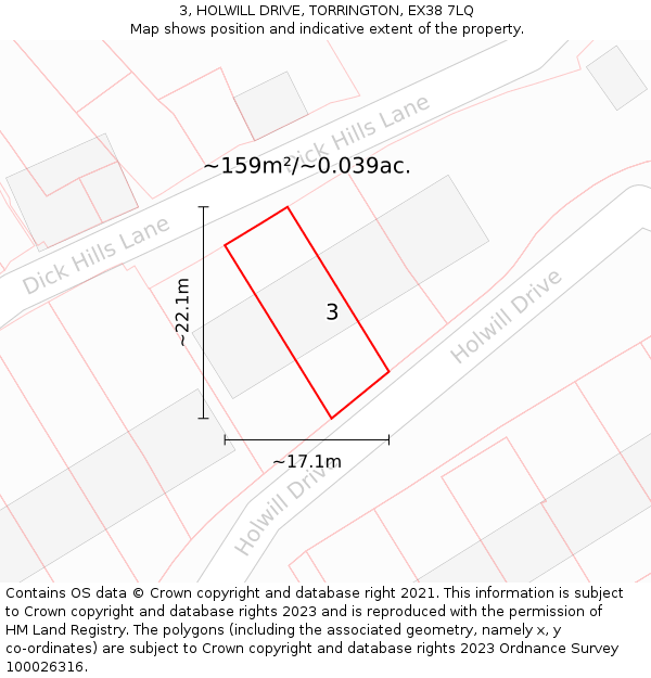 3, HOLWILL DRIVE, TORRINGTON, EX38 7LQ: Plot and title map