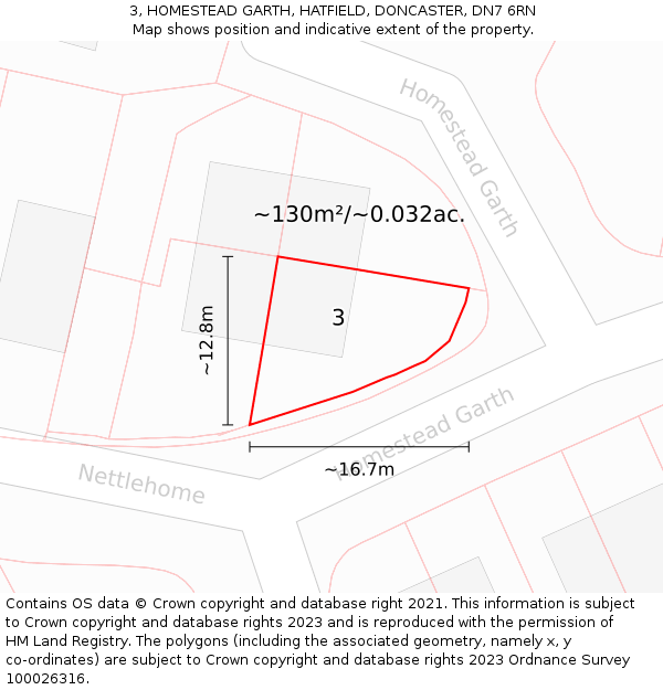 3, HOMESTEAD GARTH, HATFIELD, DONCASTER, DN7 6RN: Plot and title map