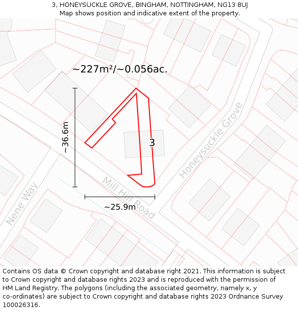 3, HONEYSUCKLE GROVE, BINGHAM, NOTTINGHAM, NG13 8UJ: Plot and title map