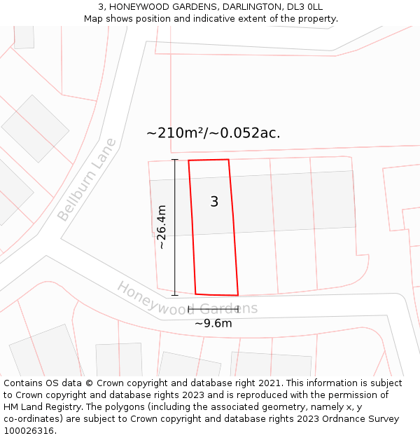 3, HONEYWOOD GARDENS, DARLINGTON, DL3 0LL: Plot and title map