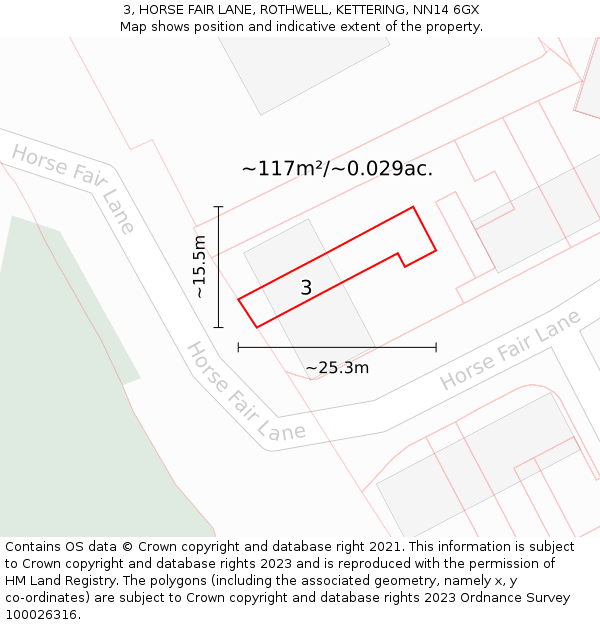 3, HORSE FAIR LANE, ROTHWELL, KETTERING, NN14 6GX: Plot and title map